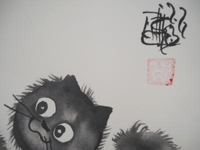 Laszlo TIBAY - Chat calme et chaton malicieux - Dessin original, signé 2