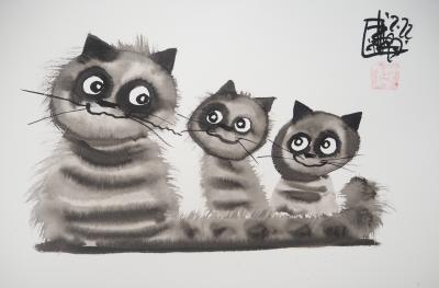 Laszlo TIBAY - Trois chatons complices - Dessin original, signé 2
