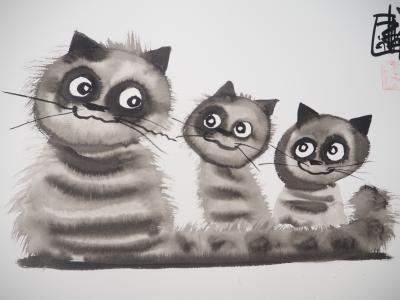 Laszlo TIBAY - Trois chatons complices - Dessin original, signé 2
