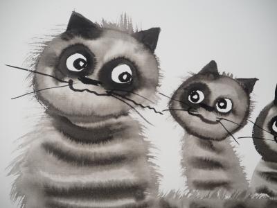 Laszlo TIBAY - Trois chatons complices - Dessin original, signé 2