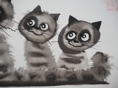 Laszlo TIBAY - Trois chatons complices - Dessin original, signé 2