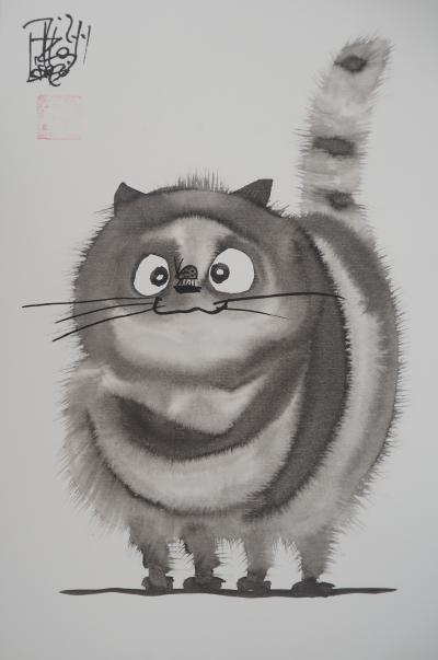 Laszlo TIBAY - La coccinelle sur le museau du chat - Dessin original, signé 2