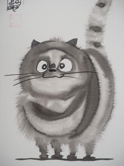 Laszlo TIBAY - La coccinelle sur le museau du chat - Dessin original, signé 2