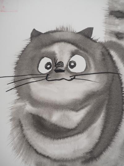 Laszlo TIBAY - La coccinelle sur le museau du chat - Dessin original, signé 2