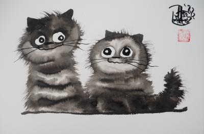 Laszlo Tibay - Deux chatons copains - Dessin original, signé 2