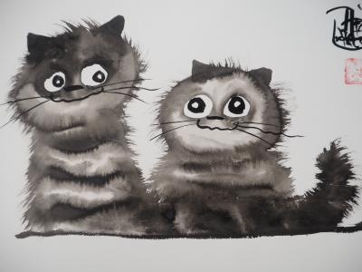Laszlo Tibay - Deux chatons copains - Dessin original, signé 2
