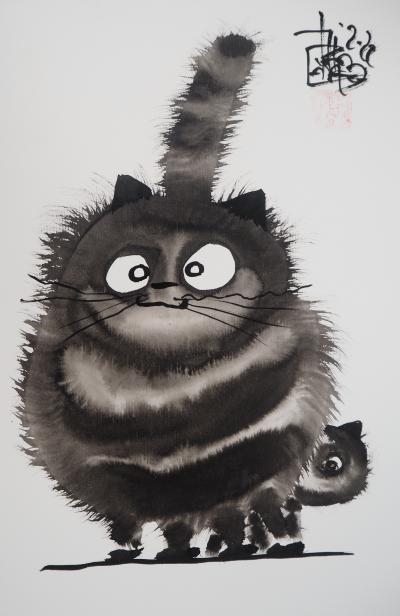 Laszlo TIBAY -  Maman chat et son chaton timide - Dessin original, signé 2