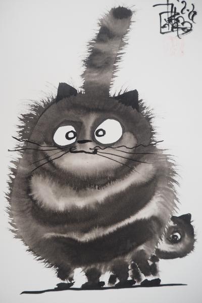 Laszlo TIBAY -  Maman chat et son chaton timide - Dessin original, signé 2