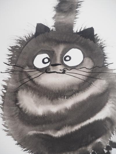 Laszlo TIBAY -  Maman chat et son chaton timide - Dessin original, signé 2