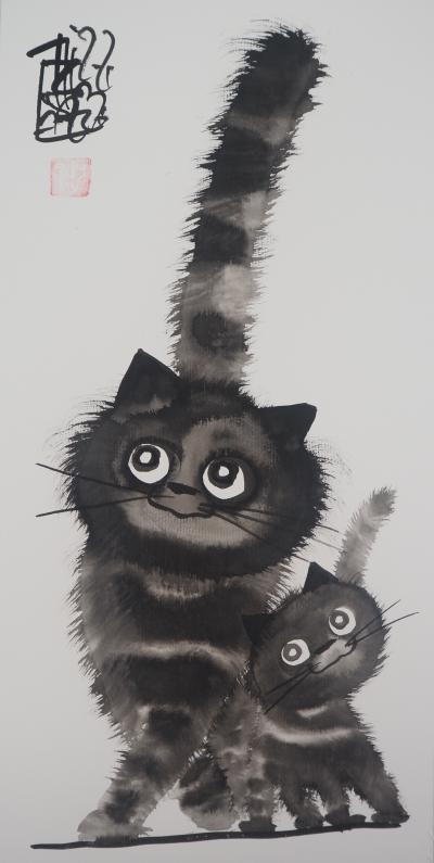 Laszlo TIBAY -  Chaton serré contre sa maman chat - Dessin original, signé 2