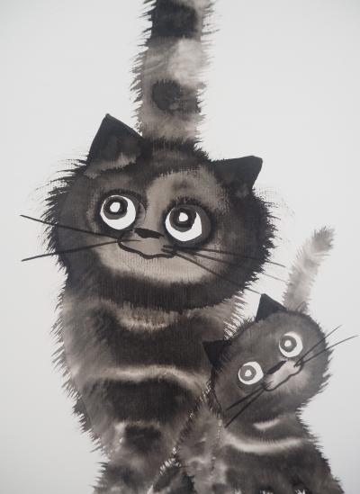 Laszlo TIBAY -  Chaton serré contre sa maman chat - Dessin original, signé 2
