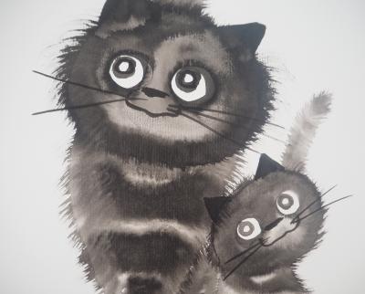 Laszlo TIBAY -  Chaton serré contre sa maman chat - Dessin original, signé 2