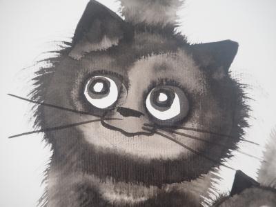 Laszlo TIBAY -  Chaton serré contre sa maman chat - Dessin original, signé 2