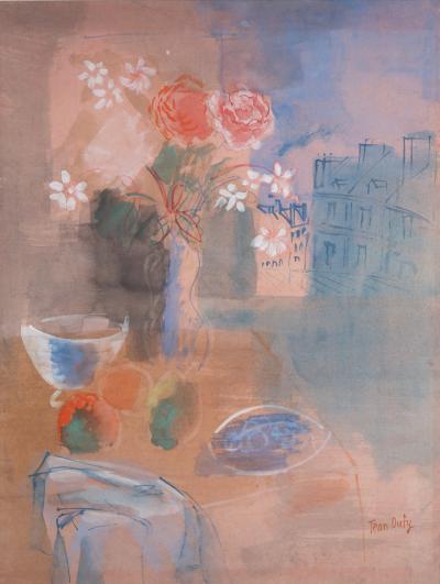 Jean Dufy - Table avec vue sur les toits de Paris - Aquarelle et gouache sur papier, Signée 2