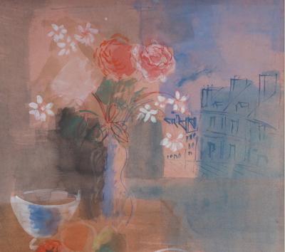 Jean Dufy - Table avec vue sur les toits de Paris - Aquarelle et gouache sur papier, Signée 2