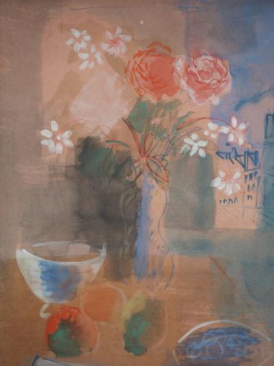 Jean Dufy - Table avec vue sur les toits de Paris - Aquarelle et gouache sur papier, Signée 2