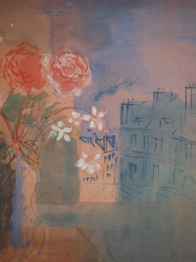 Jean Dufy - Table avec vue sur les toits de Paris - Aquarelle et gouache sur papier, Signée 2