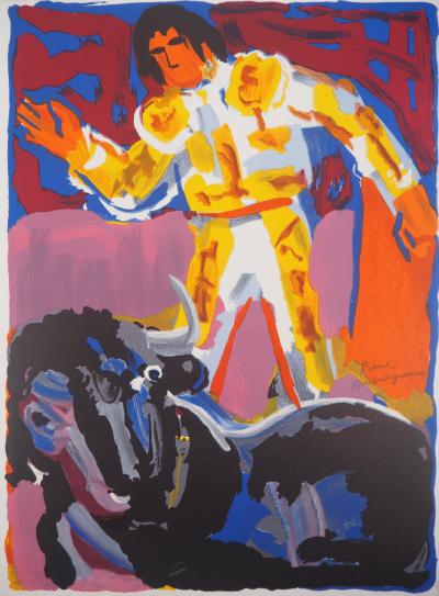 Pierre AMBROGIANI : Le matador et le taureau blessé - Lithographie originale signée 2