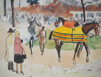 Yves BRAYER : Hippodrome d’Auteuil : la promenade des chevaux - Aquarelle originale signée 2