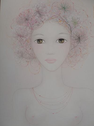 Mara TRAN LONG - Jeune fille en fleur, les ombellifères - Huile et gouache sur panneau, Signée 2