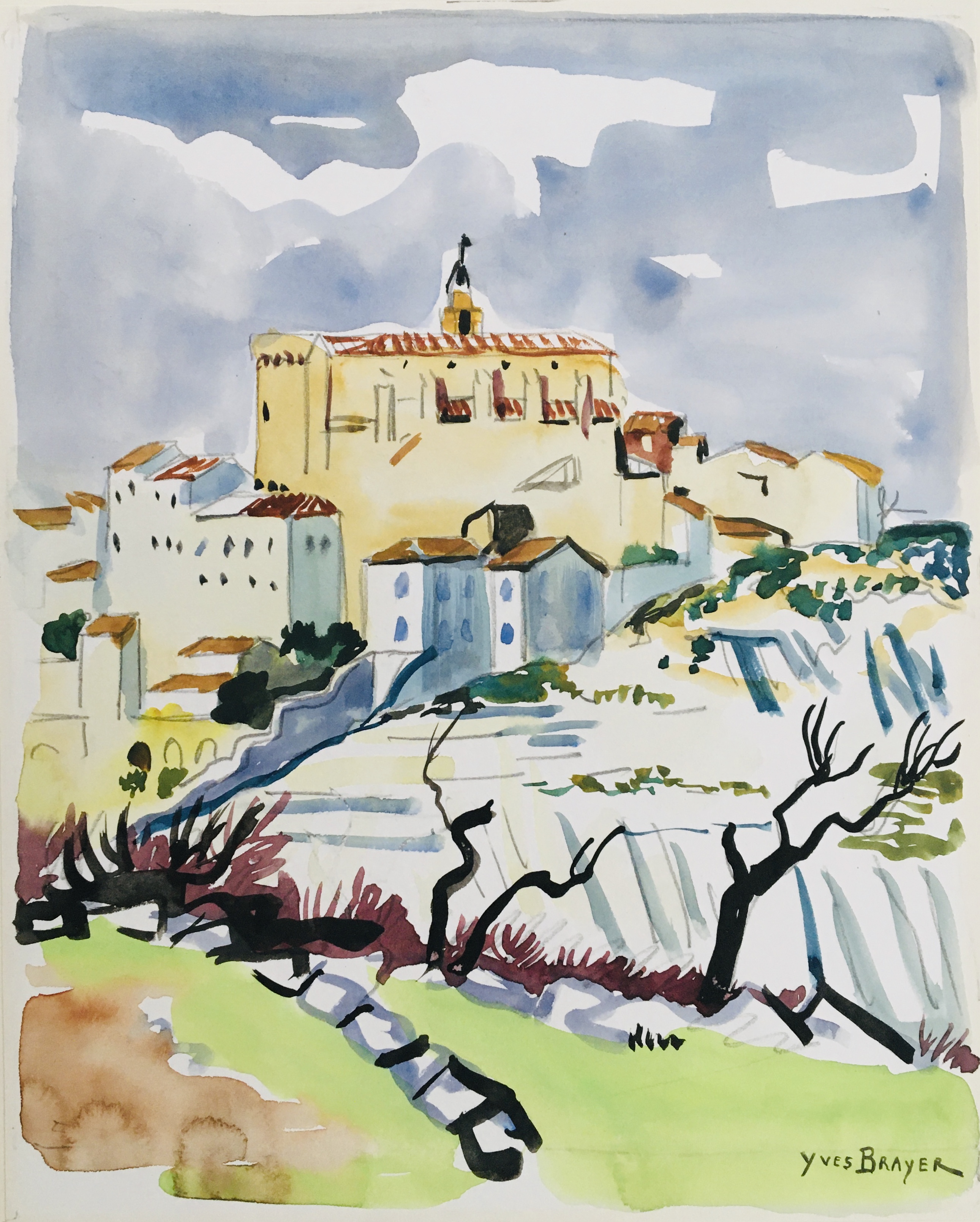 Yves BRAYER Paysage de Gordes, 1962 Aquarelle originale signée