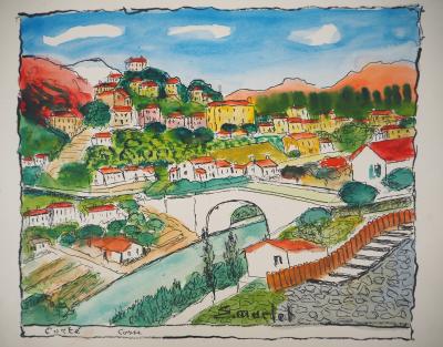 Elisée MACLET : Le village de Corté en Corse - Aquarelle signée 2