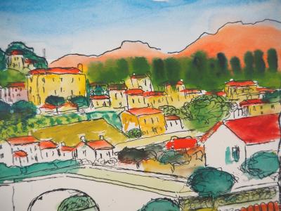 Elisée MACLET : Le village de Corté en Corse - Aquarelle signée 2