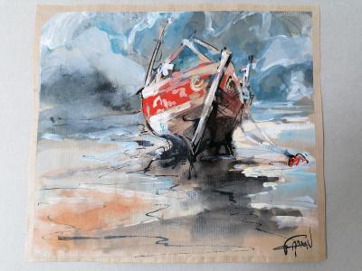 Antoine Faure (1975) - Bâteau rouge à marée basse, 2021 - Gouache et encre sur papier 2