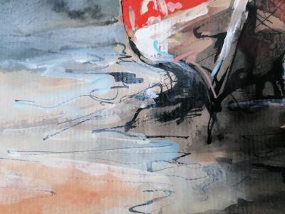 Antoine Faure (1975) - Bâteau rouge à marée basse, 2021 - Gouache et encre sur papier 2