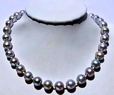 Collier de perles AKOYA du Japon de très rare couleur gris clair  8.5 mm, fermoir or jaune 18kt 2
