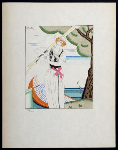 Charles MARTIN - Ohé Du Bateau!, C. 1914 - Original colorié au pochoir et aquarelle 2