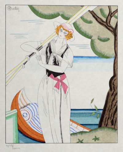 Charles MARTIN - Ohé Du Bateau!, C. 1914 - Original colorié au pochoir et aquarelle 2