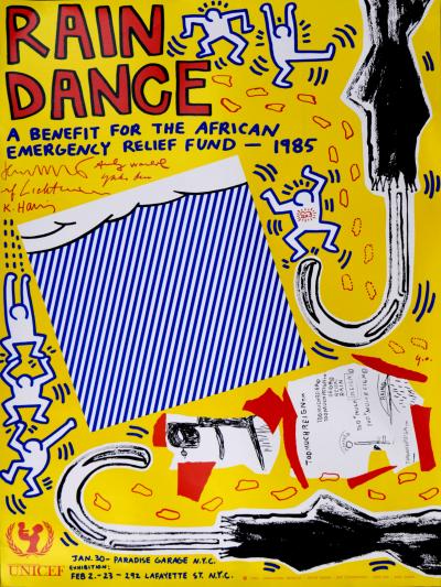 Keith HARING (avec WARHOL, BASQUIAT, LICHTENSTEIN & ONO) - Rain Dance, 1985 - Lithographie originale Offset (Rare 1ère impression !) 2