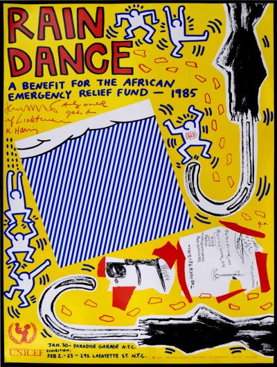 Keith HARING (avec WARHOL, BASQUIAT, LICHTENSTEIN & ONO) - Rain Dance, 1985 - Lithographie originale Offset (Rare 1ère impression !) 2
