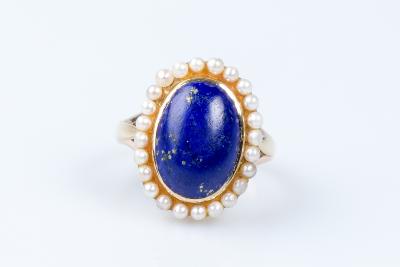 Bague lapis lazuli perles en or jaune 14 carats 2