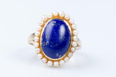 Bague lapis lazuli perles en or jaune 14 carats 2