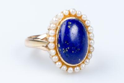 Bague lapis lazuli perles en or jaune 14 carats 2