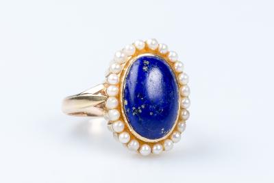 Bague lapis lazuli perles en or jaune 14 carats 2