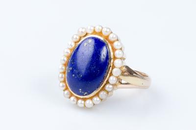 Bague lapis lazuli perles en or jaune 14 carats 2