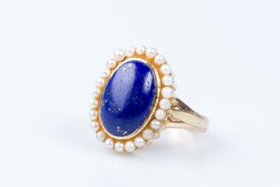 Bague lapis lazuli perles en or jaune 14 carats 2