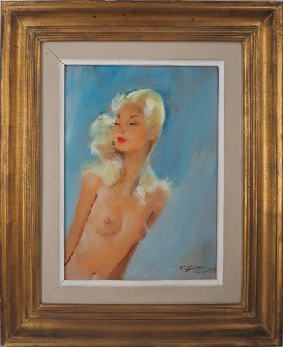 Jean-Gabriel DOMERGUE - Sonia, nu sur fond bleu - Huile sur panneau signée