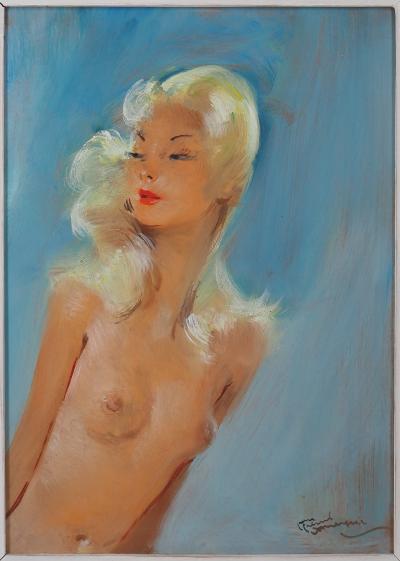 Jean-Gabriel DOMERGUE - Sonia, nu sur fond bleu - Huile sur panneau signée 2