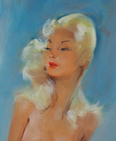 Jean-Gabriel DOMERGUE - Sonia, nu sur fond bleu - Huile sur panneau signée 2