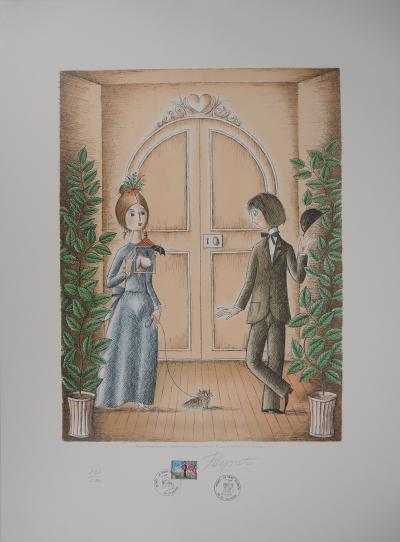 Raymond Peynet -  Les amoureux : promenade sous la pluie - Lithographie originale Signée 2