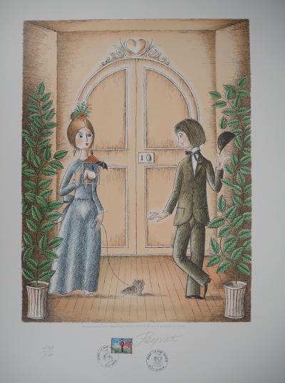 Raymond Peynet -  Les amoureux : promenade sous la pluie - Lithographie originale Signée 2