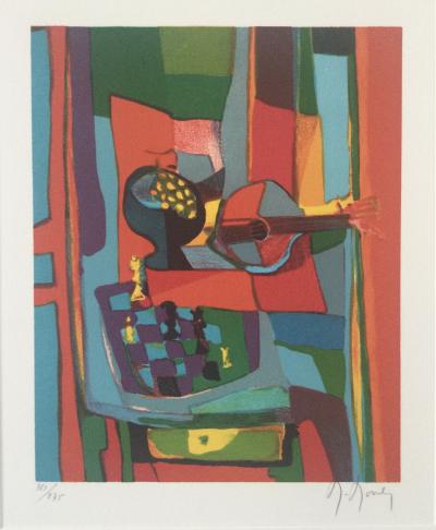 MarceL MOULY - Nature morte à la guitare et à l’échiquier - Lithographie originale signée 2