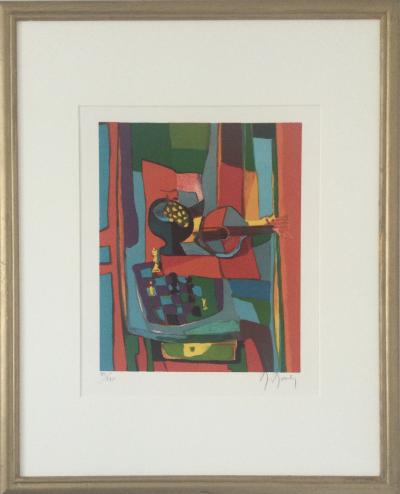 MarceL MOULY - Nature morte à la guitare et à l’échiquier - Lithographie originale signée 2