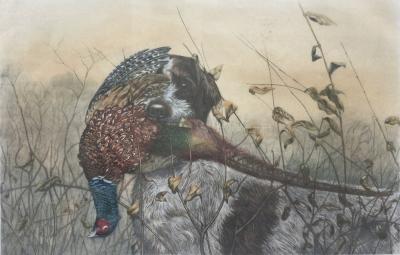 Léon DANCHIN - Griffon rapportant un faisan, vers 1920 - Gravure originale signée 2