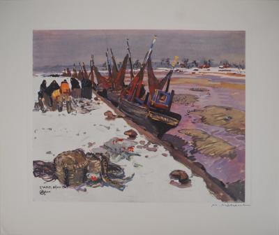 Mathurin MEHEUT - Bretagne : Le Port d’Etaples sous la Neige, c. 1955 -  Héliogravure en couleur, Signée 2