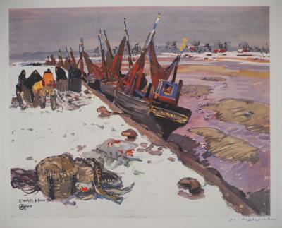 Mathurin MEHEUT - Bretagne : Le Port d’Etaples sous la Neige, c. 1955 -  Héliogravure en couleur, Signée 2